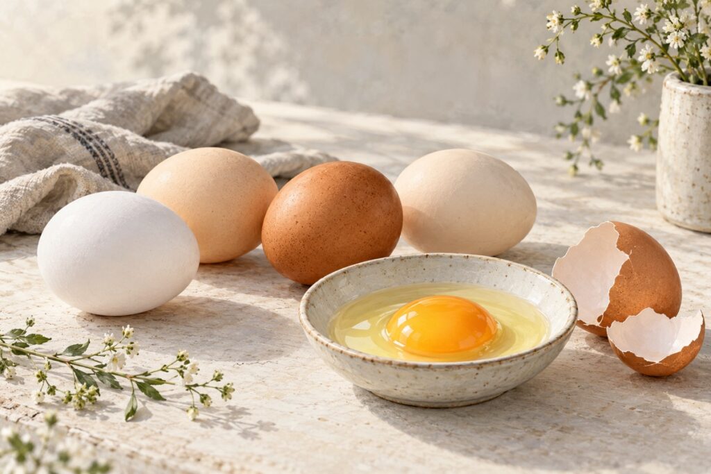 Hønseegg i ulike skallfarger ved siden av et knekt egg i en skål
