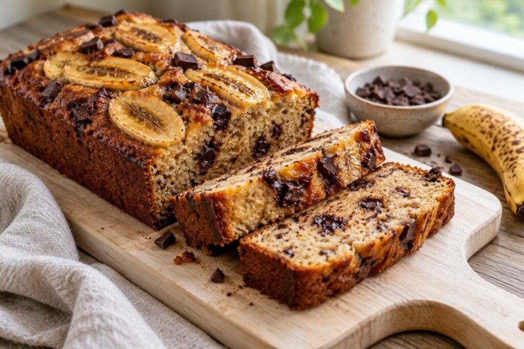 Banankake med sjokoladebiter og bananskiver på en trefjøl