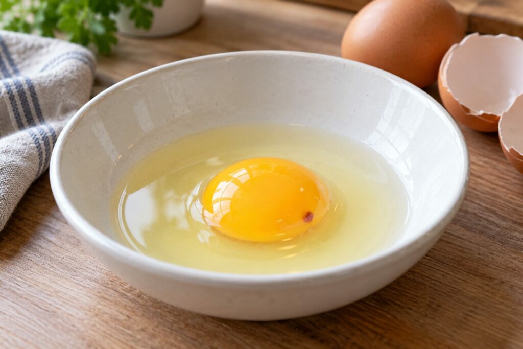 Et rått egg i en hvit skål med en liten rød flekk ved plommen