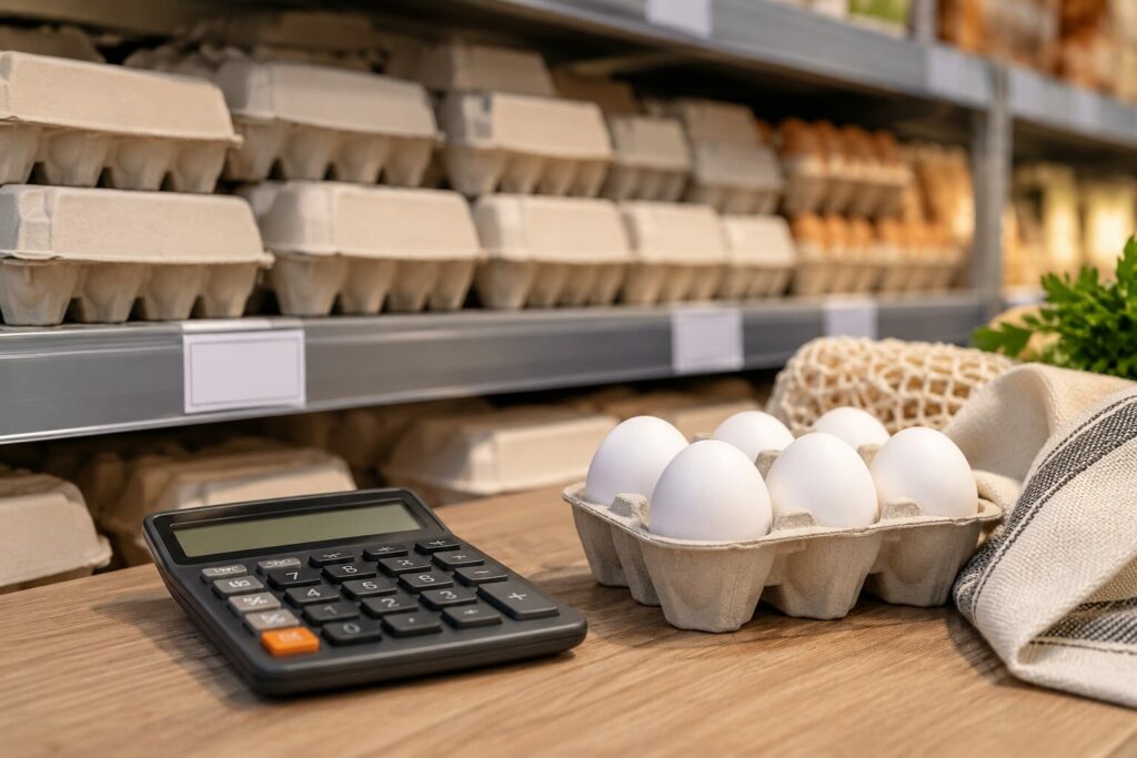 Eggkartonger på en butikkhylle med kalkulator og tomme prisfelt