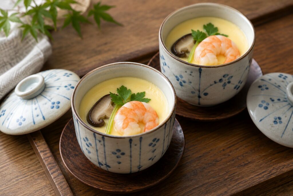To kopper chawanmushi med sopp og kokte reker