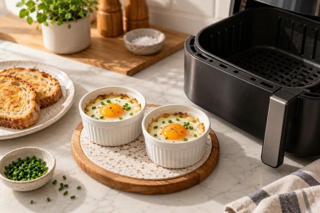 To bakte egg med gressløk i hvite porsjonsformer ved en airfryer