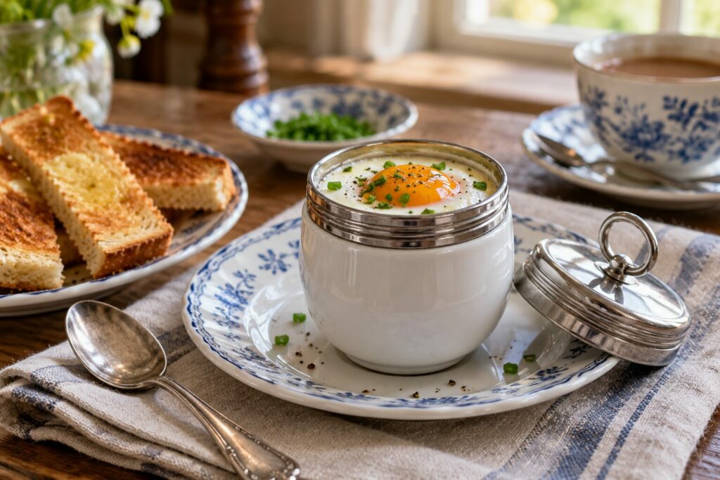 Egg med gressløk i en porselensbeholder med metallokket ved siden av