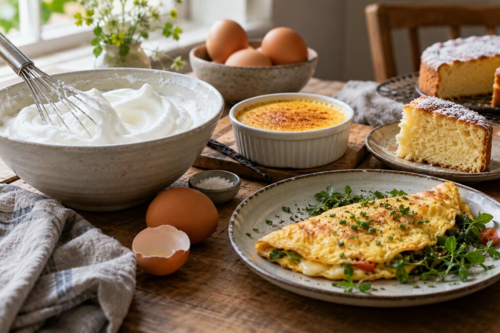 Egg brukt i skum, krem, bakverk og omelett