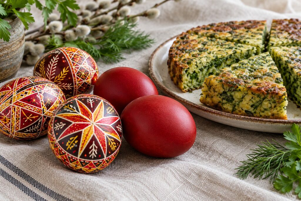 Mønstrede pysanky, rødfargede egg og en grønn urterett med egg