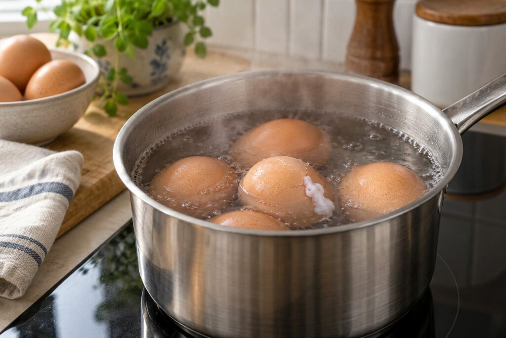 En kjele med egg der ett skall har en liten sprekk og litt stivnet eggehvite