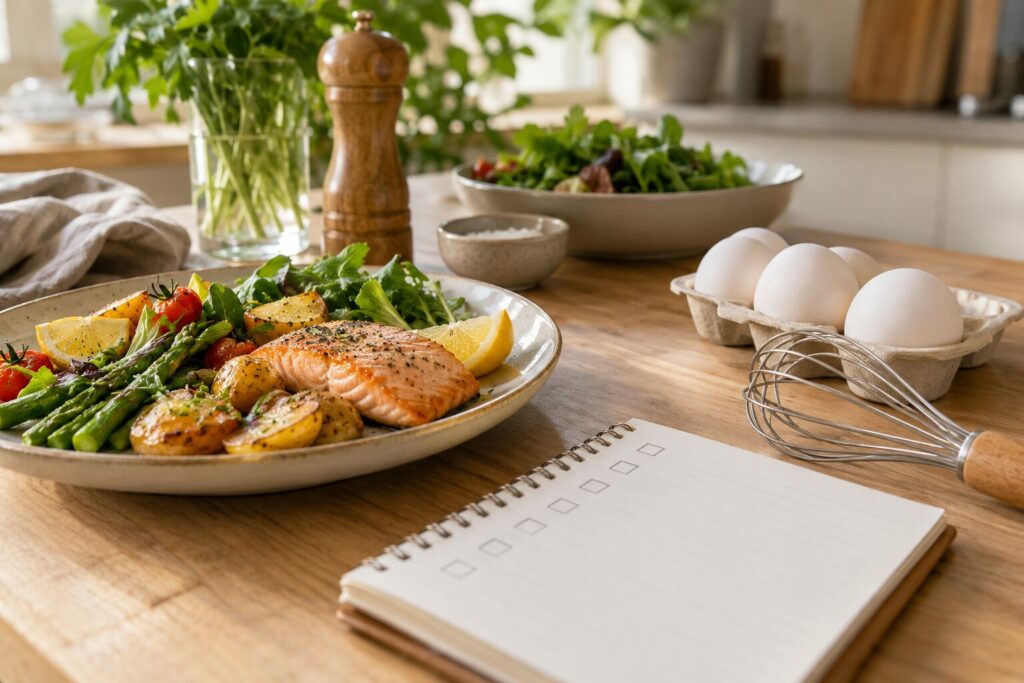 Egg holdes adskilt fra et måltid uten egg og en ingrediensliste
