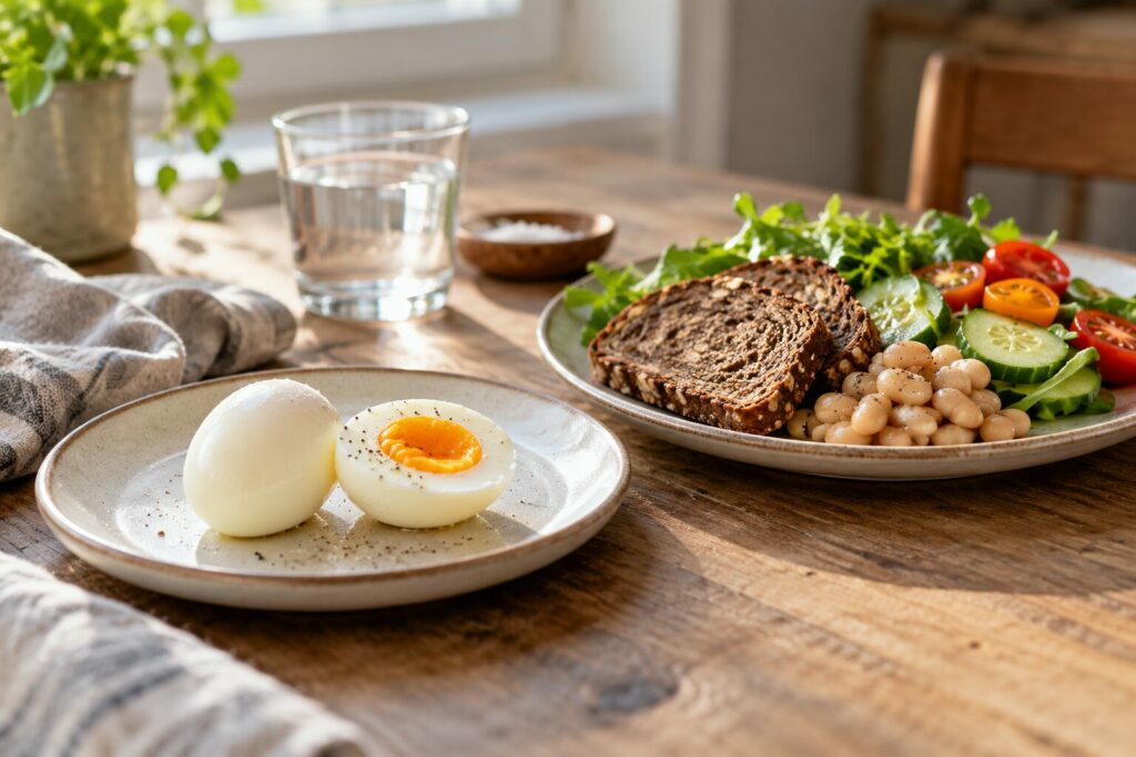En ensidig eggtallerken sammenlignet med et variert måltid