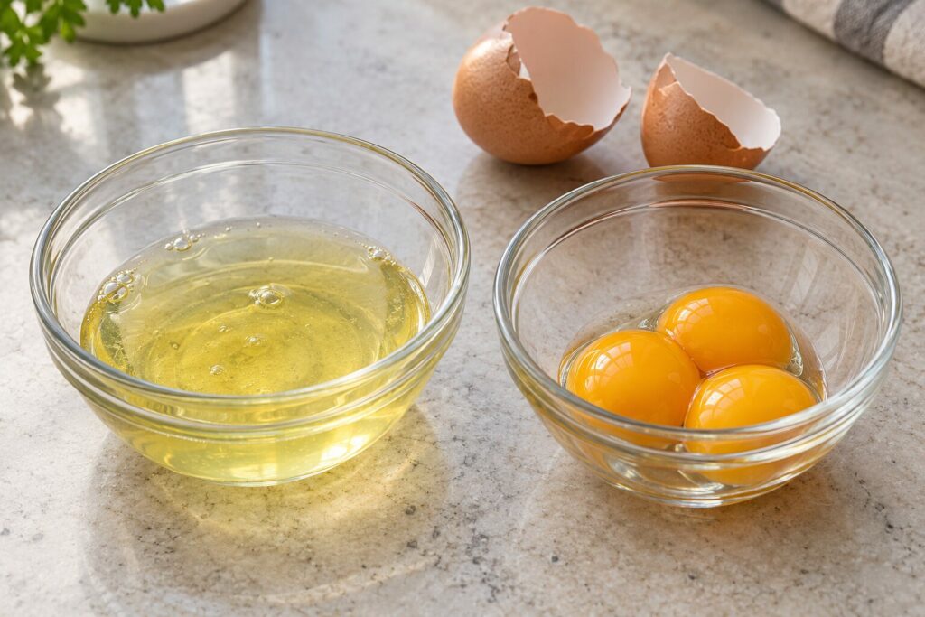Rå eggehviter og eggeplommer i hver sin glassbolle