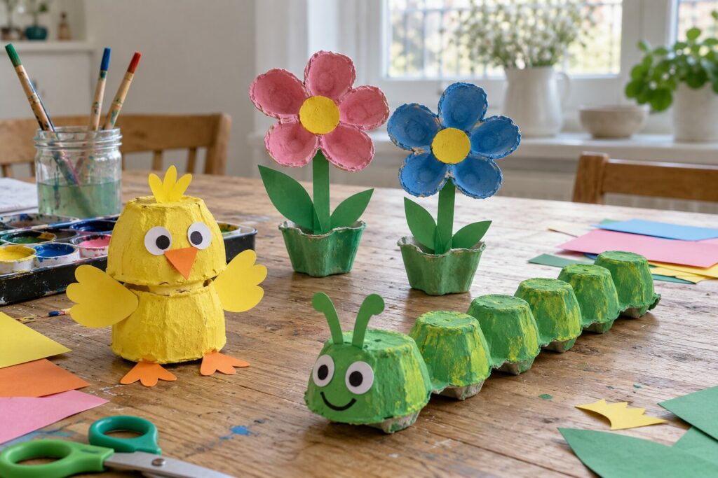 Larve, kylling og blomster laget av malte eggekartonger