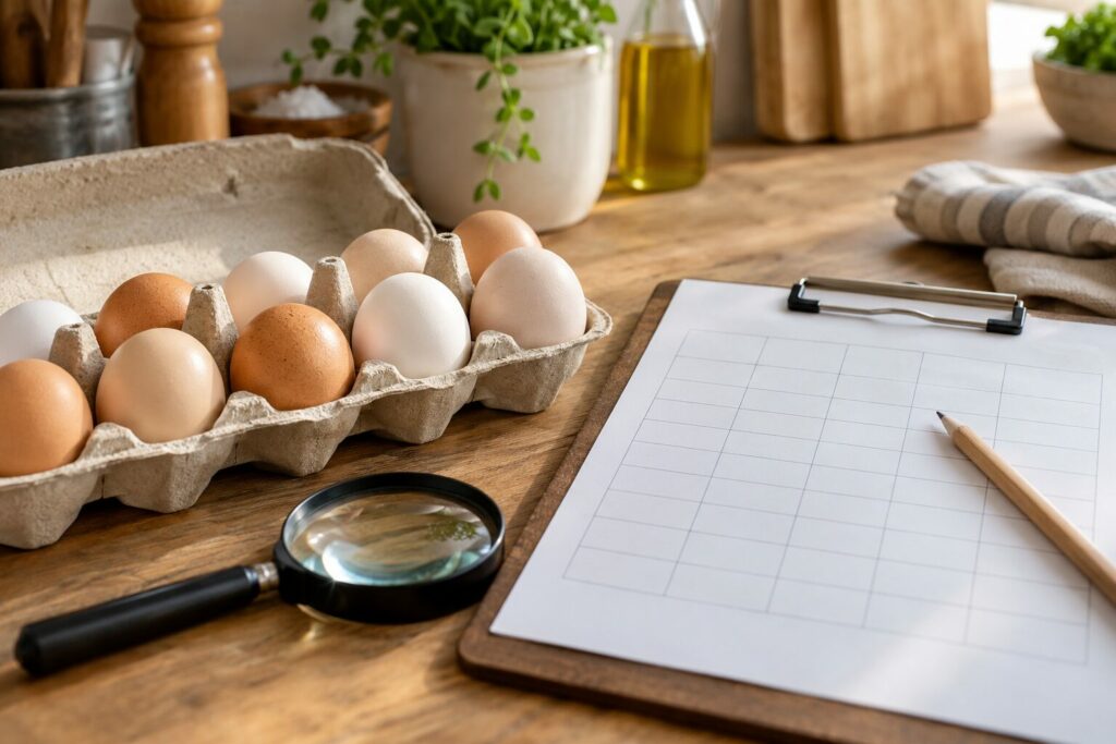 Eggkartong og sammenligningsskjema med blyant