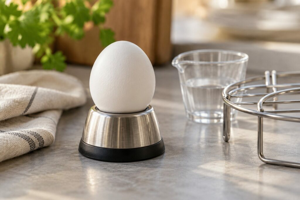Egg plassert med den brede enden mot en eggeprikker