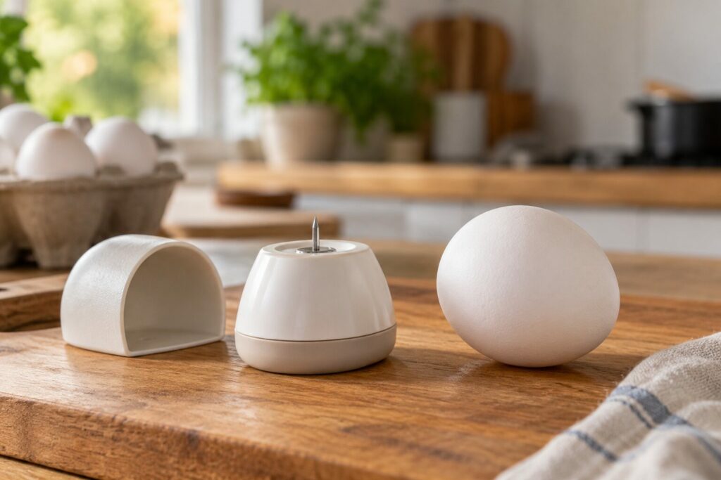Eggeprikker med beskyttelsesdeksel og et helt egg