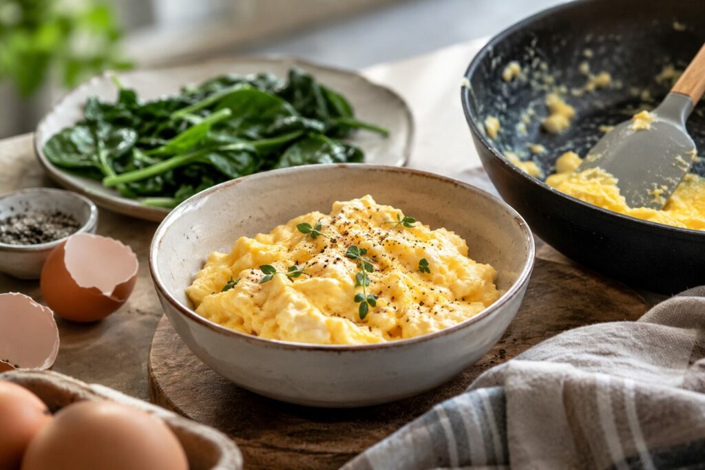 Eggerøre med spinat, stekepanne og slikkepott