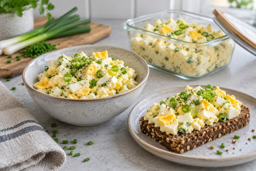 Eggesalat med vårløk og gressløk i en skål, på brød og i en oppbevaringsboks