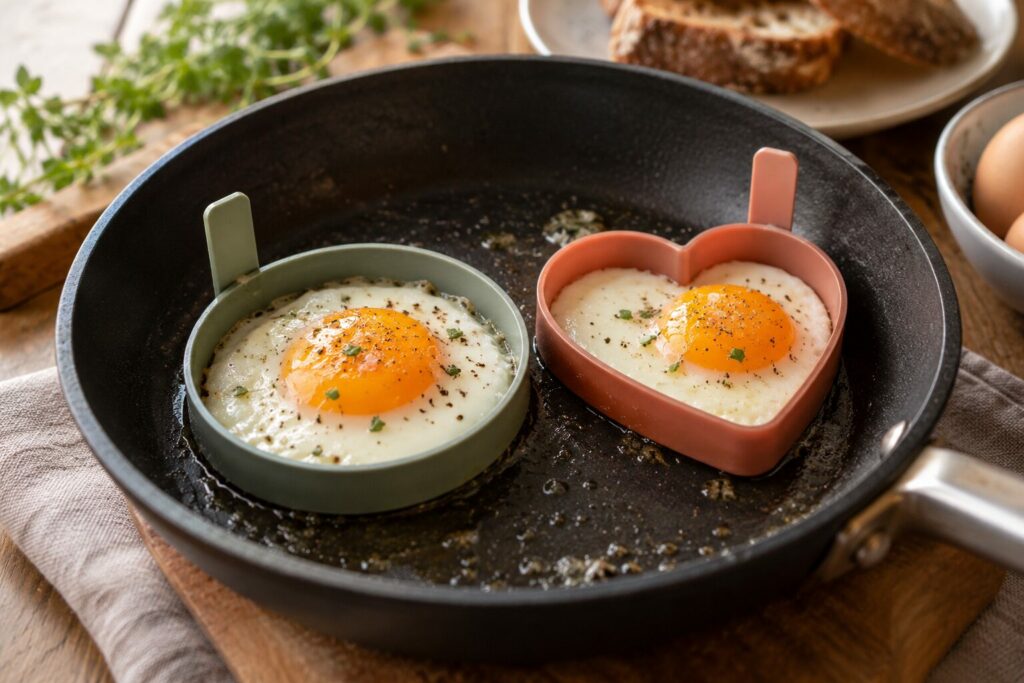 Silikonformer i en stekepanne med et formet stekt egg