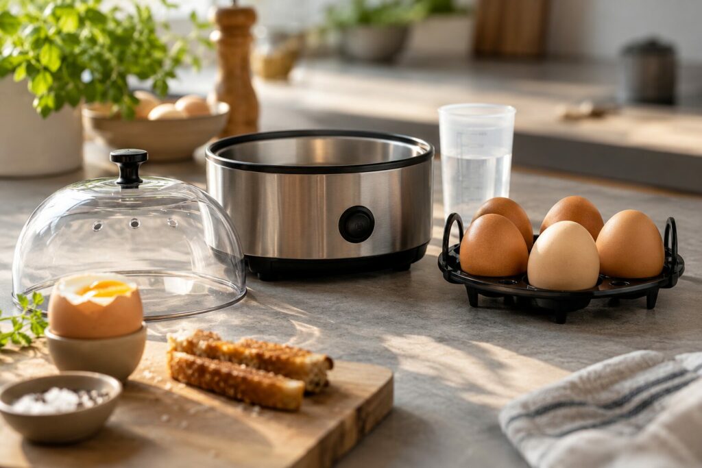 Eggkoker med lokk, eggholder og målebeger