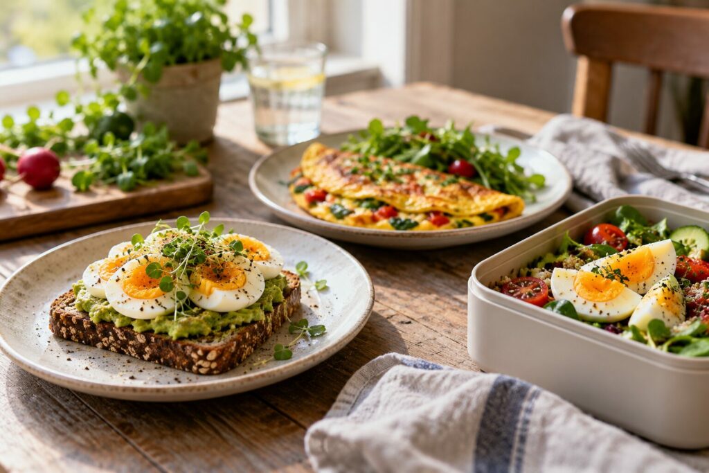 Tre lunsjforslag med egg, grovt brød og grønnsaker