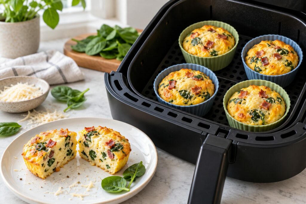 Eggmuffins med spinat og bacon i silikonformer i en airfryer