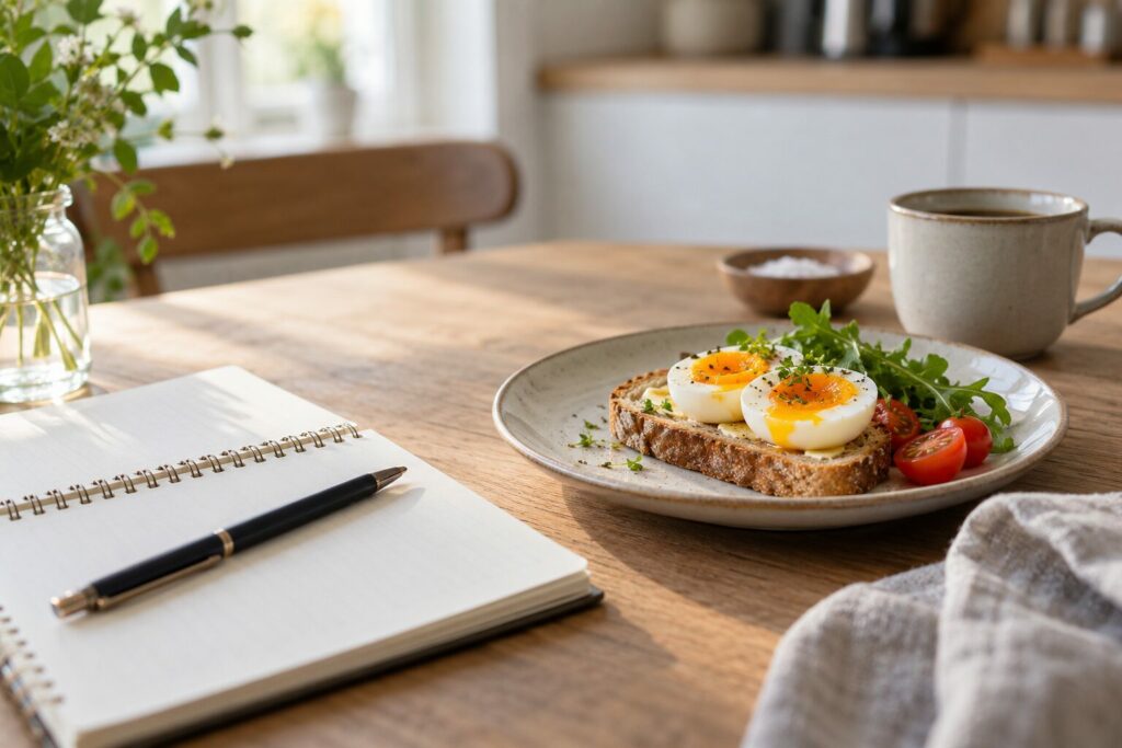 Notatbok og penn ved et lite eggmåltid