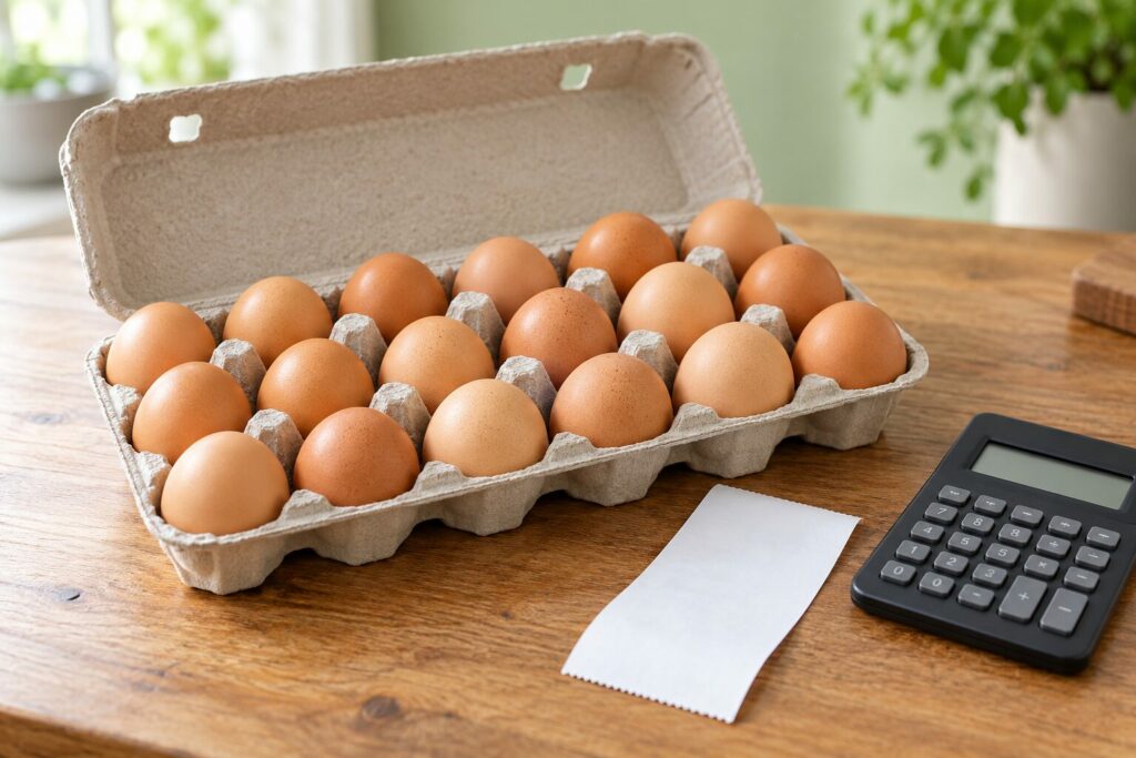 En åpen kartong med egg ved en kalkulator og en blank kvittering
