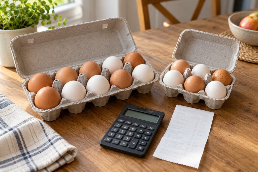 To eggkartonger med brune og hvite egg ved en kalkulator og en handlekvittering