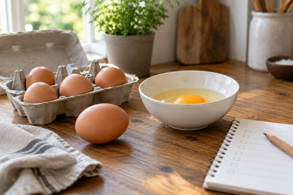 Helt egg, knekt egg i egen skål og en sjekkliste for håndtering
