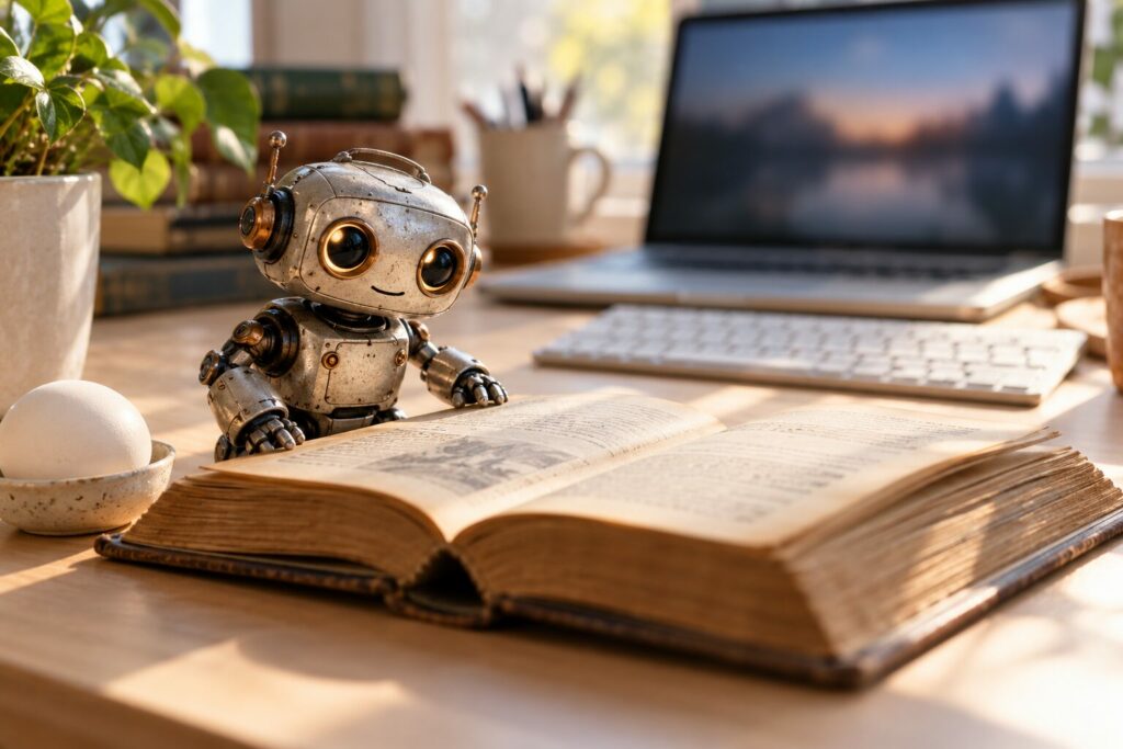 Liten metallrobot ved en åpen bok, et egg og en bærbar datamaskin