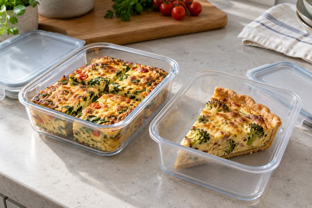 Porsjoner av frittata og eggepai i to bokser til frysing