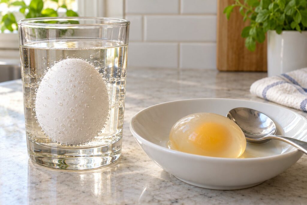 Egg med bobler i et glass og skalløst egg i en skål