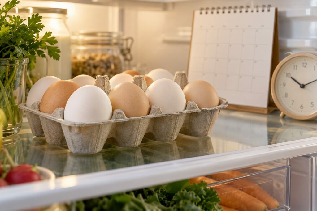 Eggkartong i kjøleskap med kalender og klokke som symboler på oppbevaringstid