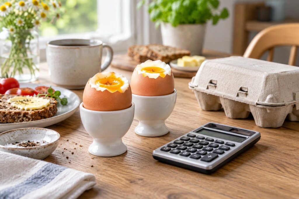 To kokte egg i eggeglass ved en kalkulator og en eggkartong