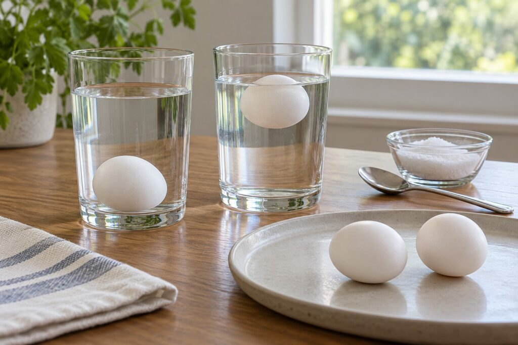 Et egg på bunnen i ett vannglass og et flytende egg i et annet