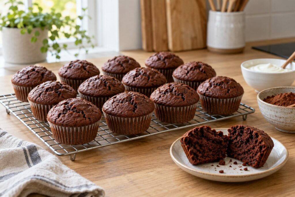 Sjokolademuffins uten glasur på en rist med en delt muffins foran