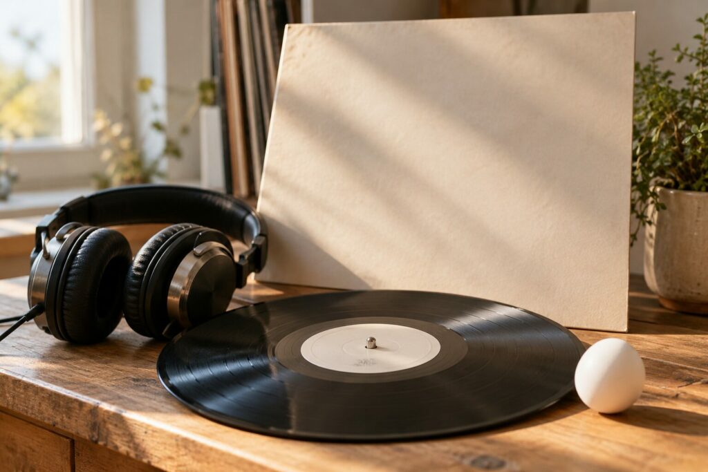 Vinylplate, hodetelefoner og et dekorativt egg