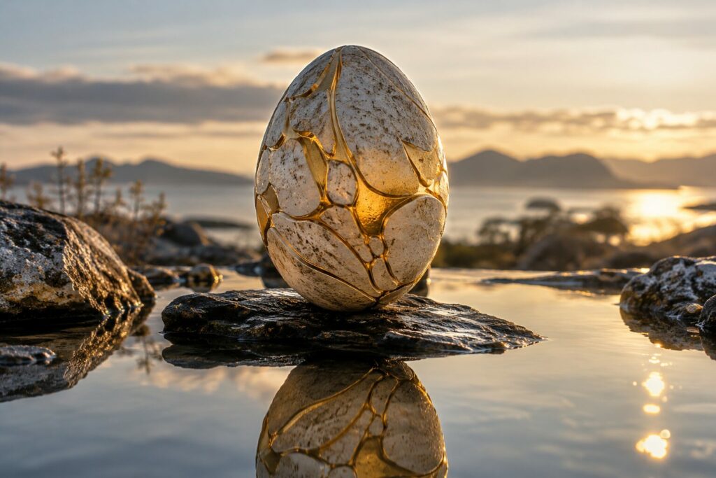 Dekorativ eggskulptur reflektert i vann som symbolsk illustrasjon