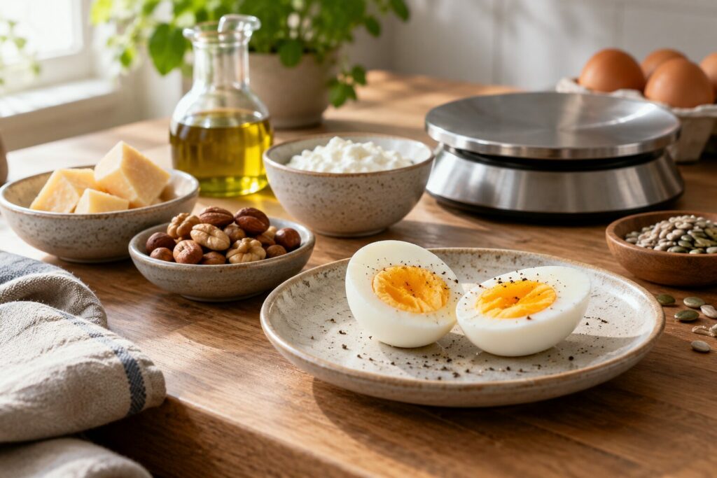 Et delt egg ved en kjøkkenvekt illustrerer næringsinnhold og porsjonsberegning