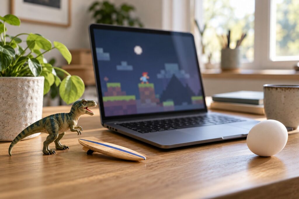 Lekedinosaur, lite surfebrett og egg ved en bærbar datamaskin