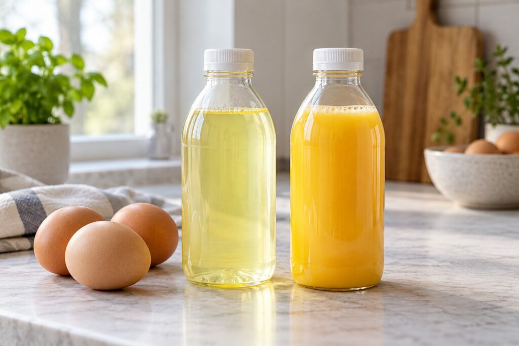 To umerkede flasker med flytende eggehvite og helt egg