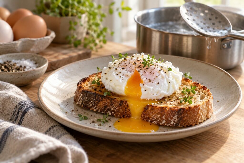 Et posjert egg på ristet brød med hullsleiv og kjele i bakgrunnen