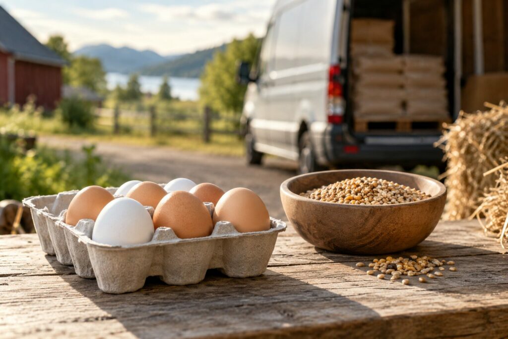 Eggkartong og fôrkorn med en varebil i bakgrunnen