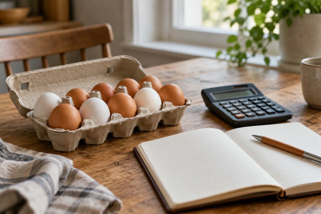 Eggkartong, kalkulator og regnskapsbok uten faktiske pristall