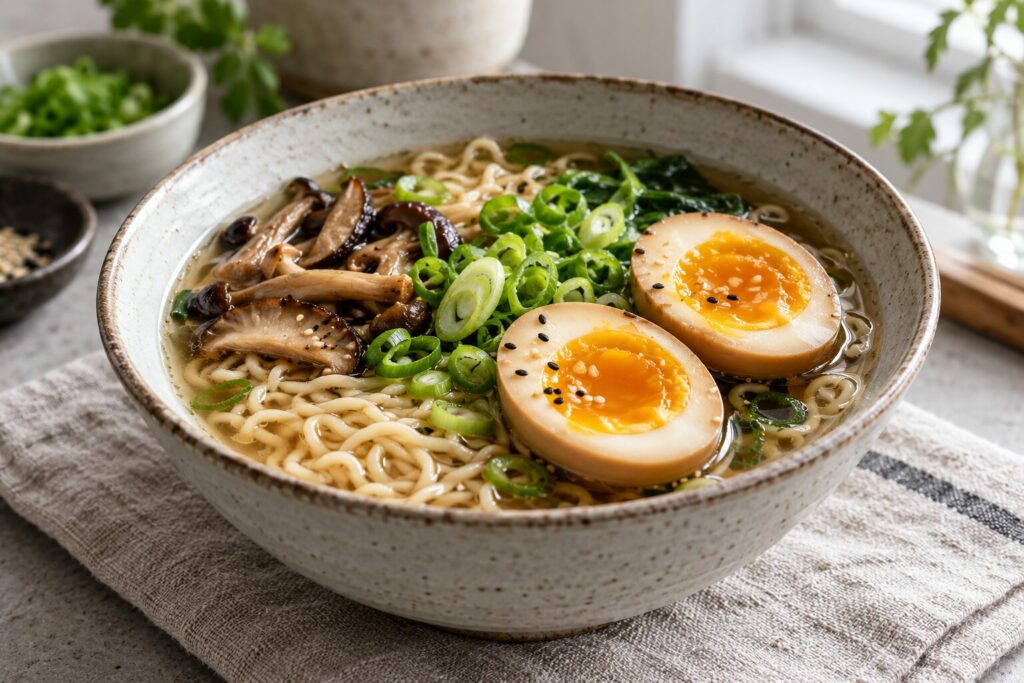 Ramen med to halve soyamarinerte egg, nudler, vårløk og sopp