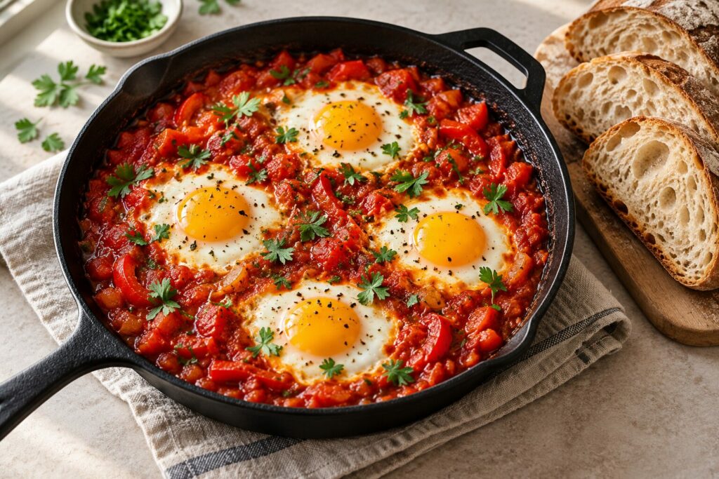 Fire egg i tomat- og paprikasaus i en svart stekepanne, med brød ved siden av