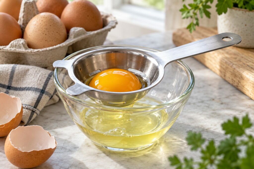 En eggeplomme i en eggseparator over en skål med eggehvite