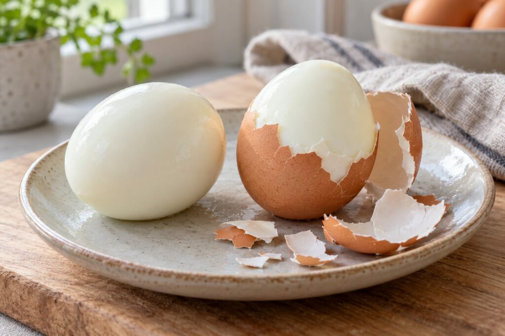 Et skrelt og et delvis skrelt hardkokt egg med skallbiter på en tallerken