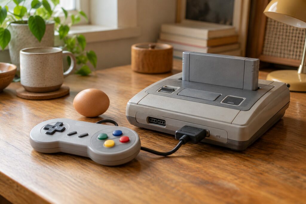 Retro spillkonsoll, spillkassett og et dekorativt egg