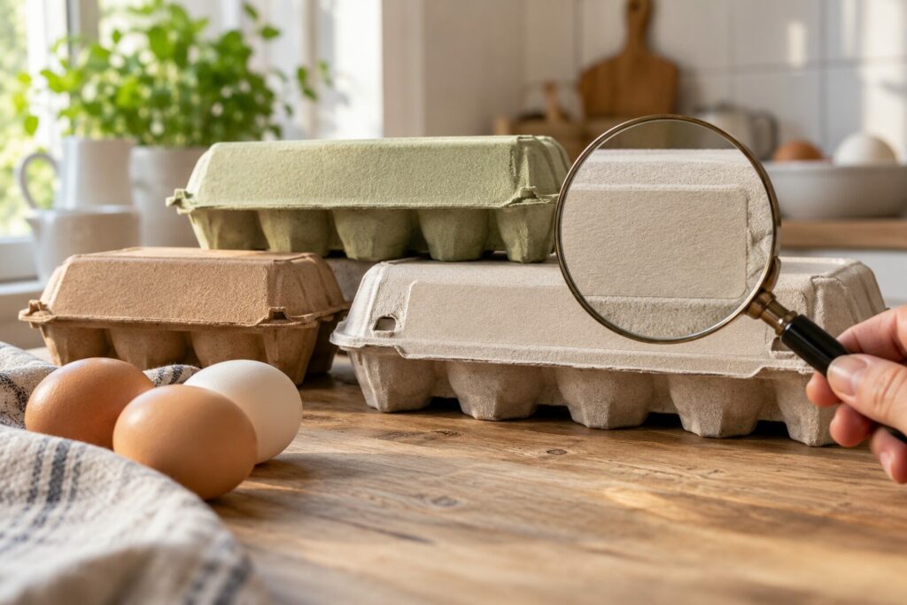 Eggkartonger, ulike eggstørrelser og et forstørrelsesglass